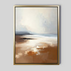 Amber Shore Canvas Art - Vertical: A framed wall art piece featuring an abstract, impressionistic depiction of a serene beach with soft brown sand, gentle waves, and a hazy sky. Subtle light reflects on the wet sand for a tranquil effect.