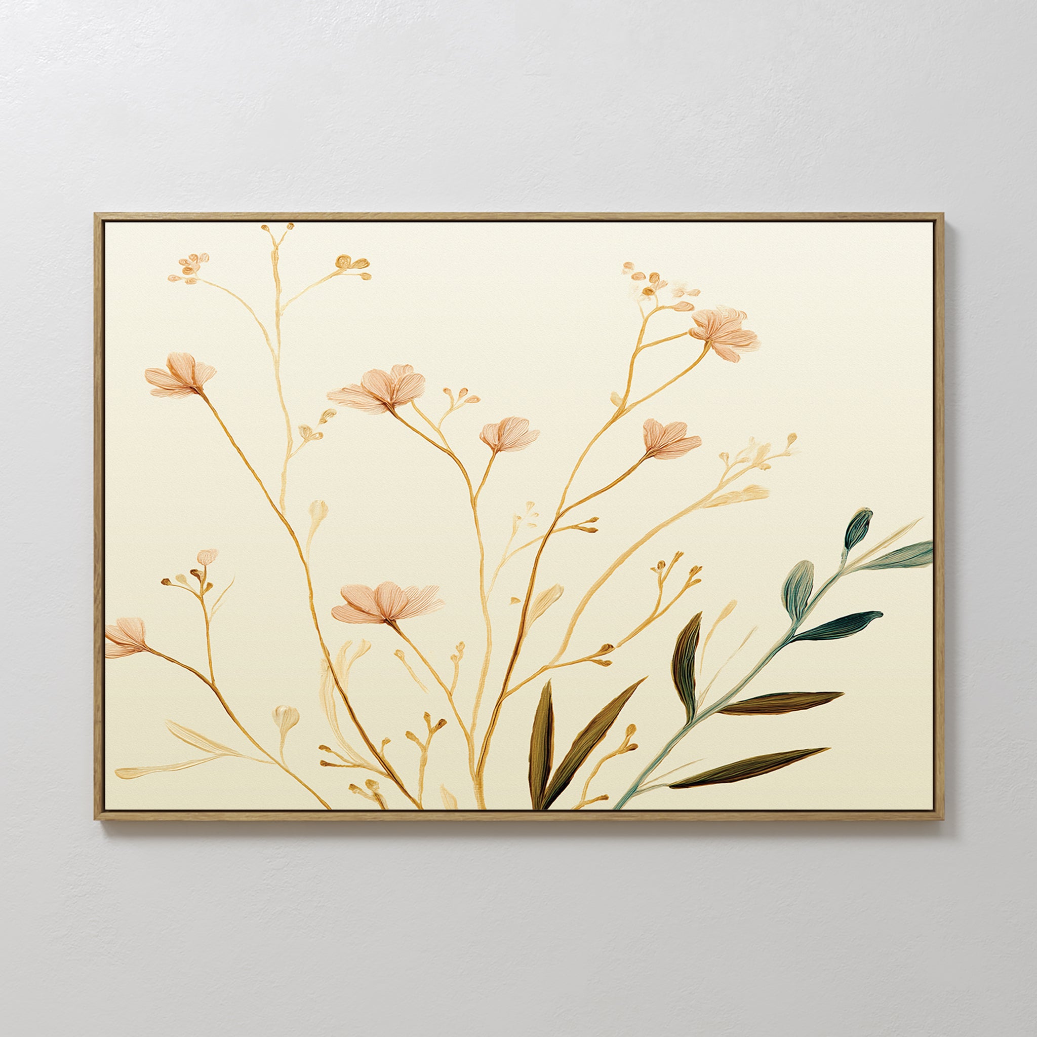 The Autumn Botanicals Canvas Art - Horizontal features delicate light brown and green flowers on a cream background, bringing minimalist Nordic Park-inspired autumn charm to any plain white wall.