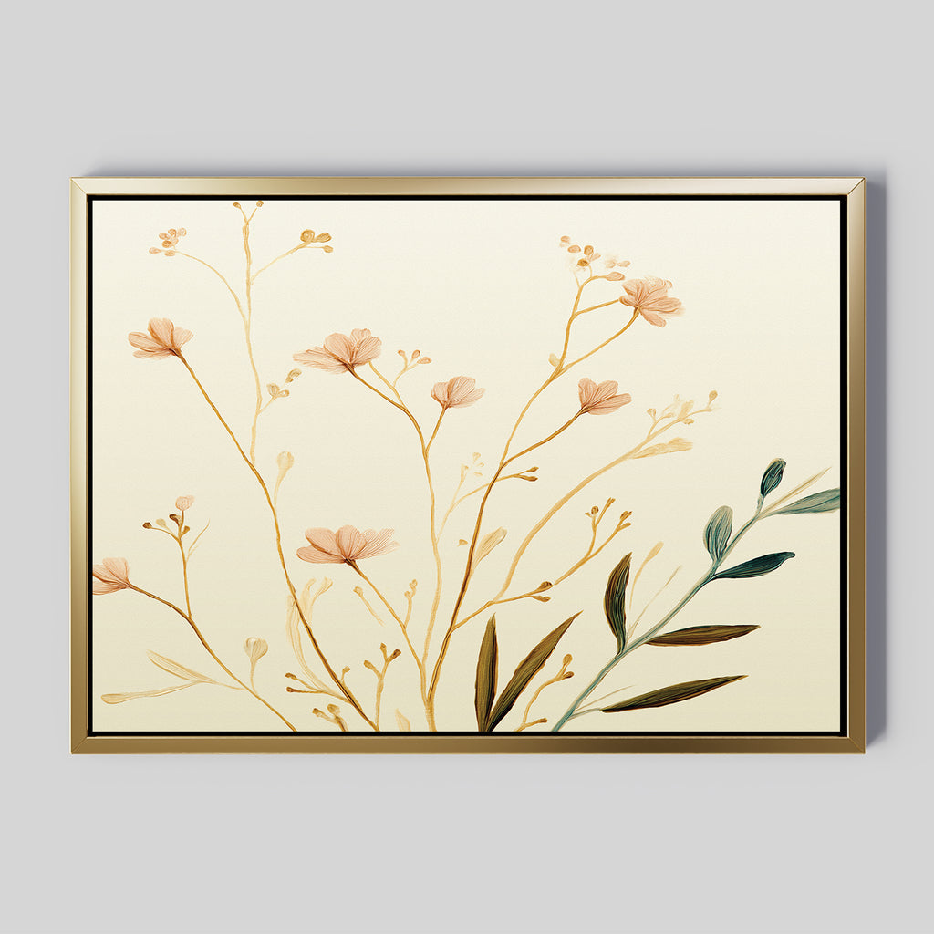 The Autumn Botanicals Canvas Art - Horizontal features delicate, minimalist floral illustrations in beige and pastel tones on a light background—perfect as autumn wall art.