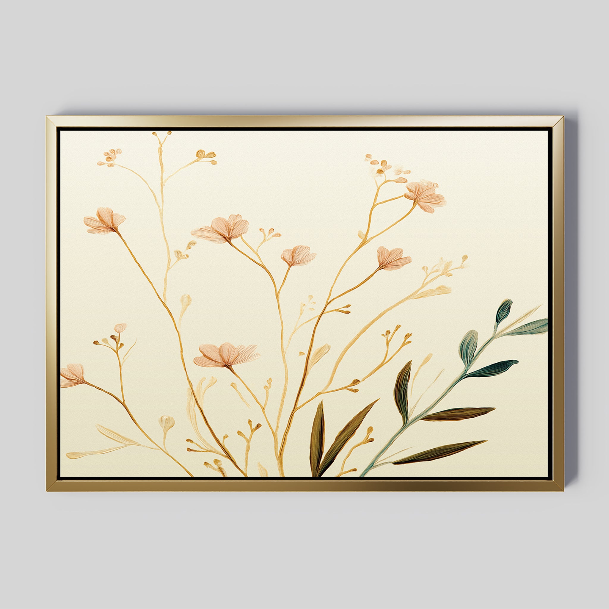 The Autumn Botanicals Canvas Art - Horizontal features delicate, minimalist floral illustrations in beige and pastel tones on a light background—perfect as autumn wall art.