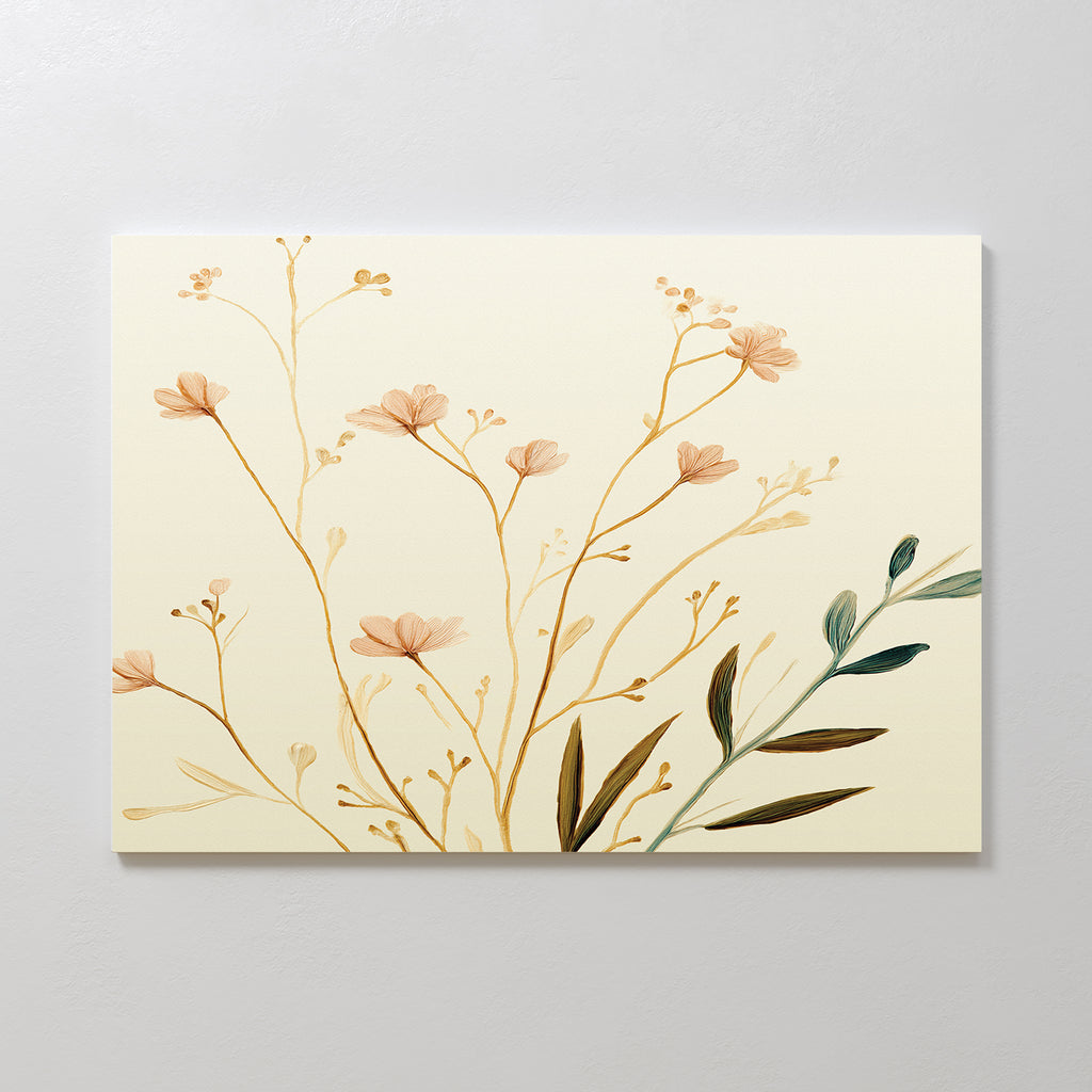 The Autumn Botanicals Canvas Art - Horizontal showcases delicate pale orange and beige wildflowers with green leaves on a light cream background, perfect as minimalist autumn wall art on a white wall.