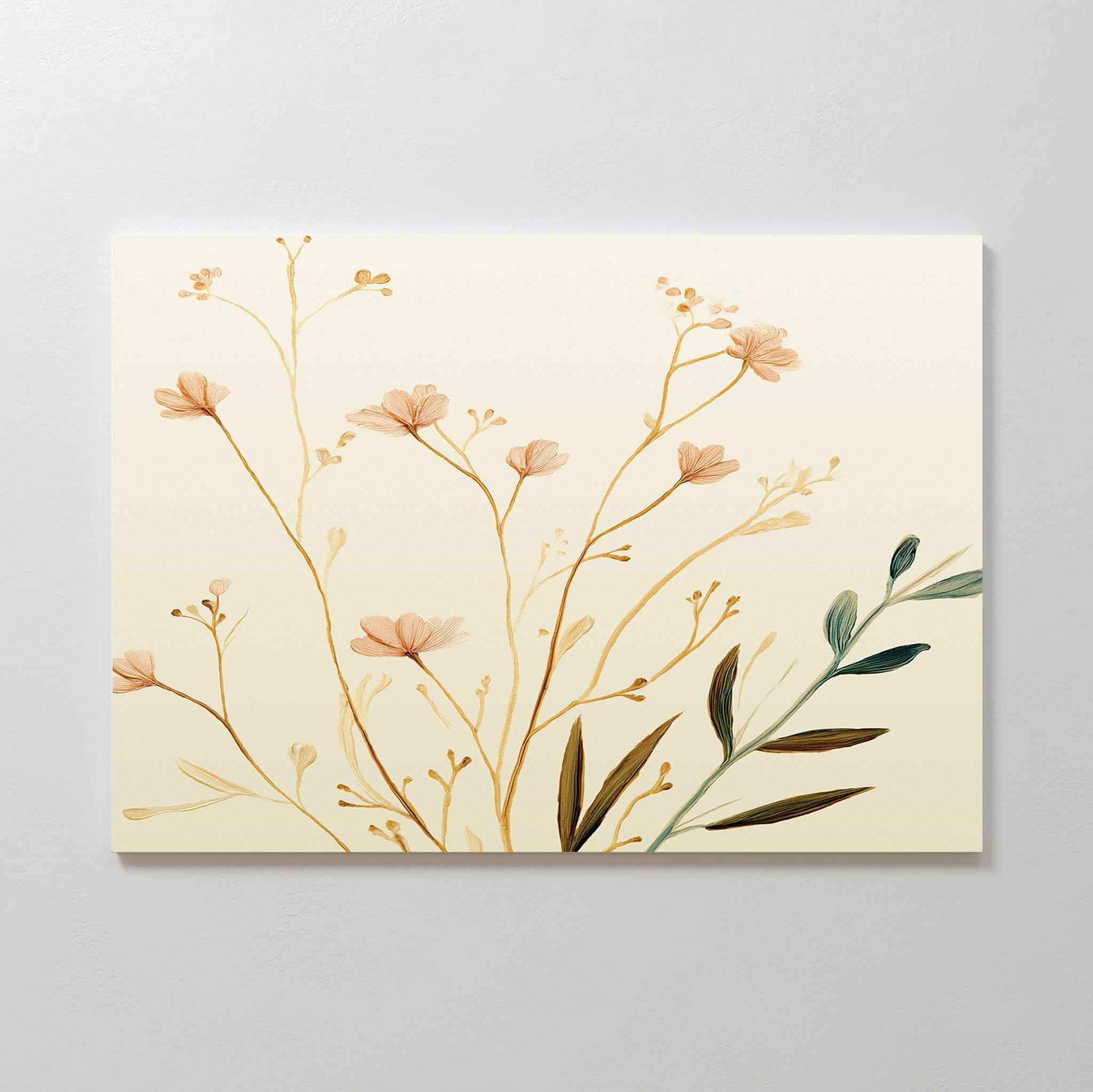 The Autumn Botanicals Canvas Art - Horizontal showcases delicate pale orange and beige wildflowers with green leaves on a light cream background, perfect as minimalist autumn wall art on a white wall.