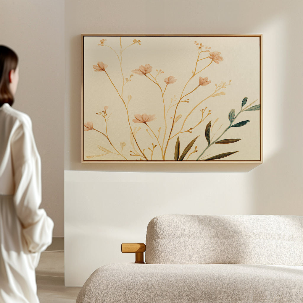 A person in a white outfit stands in a softly lit room, admiring the Autumn Botanicals Canvas Art - Horizontal, featuring delicate peach flowers and green leaves, hanging on a beige wall above a light-colored sofa.