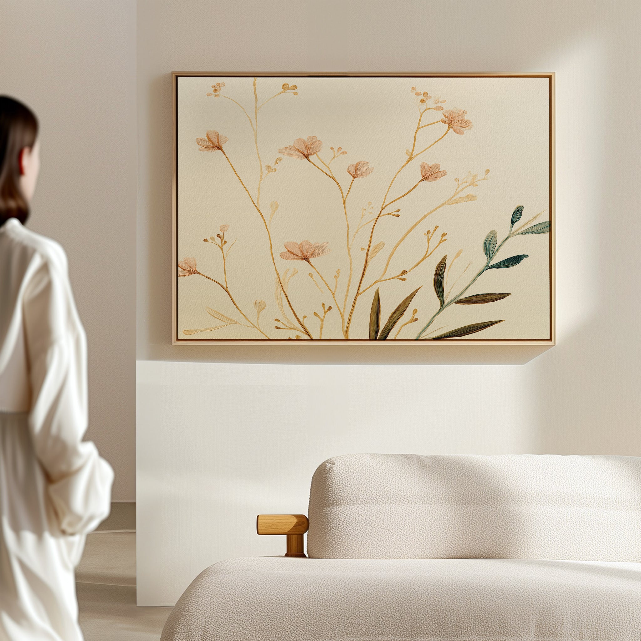A person in a white outfit stands in a softly lit room, admiring the Autumn Botanicals Canvas Art - Horizontal, featuring delicate peach flowers and green leaves, hanging on a beige wall above a light-colored sofa.