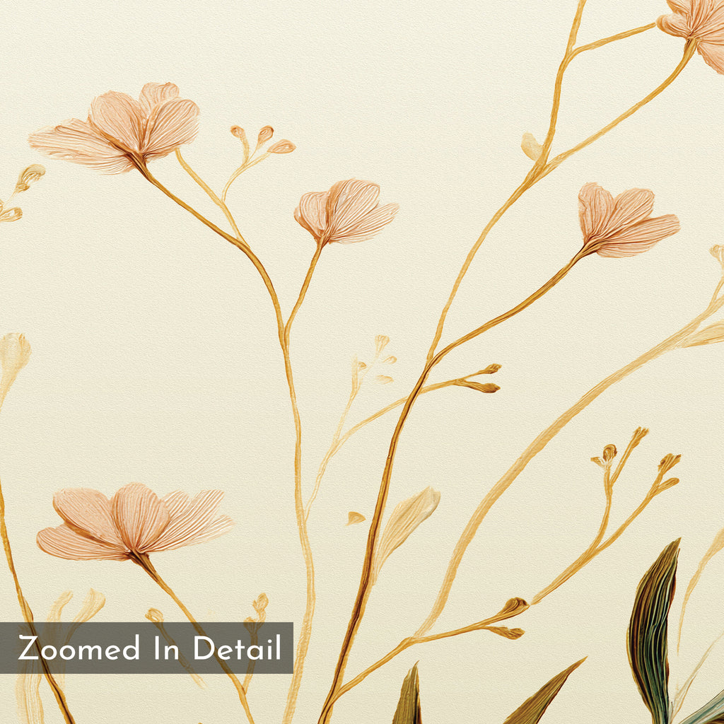 The Autumn Botanicals Canvas Art - Horizontal features hand-drawn tan and brown wildflowers with long stems on a light beige background. "Zoomed In Detail" appears in the bottom left, making it perfect autumn wall decor.