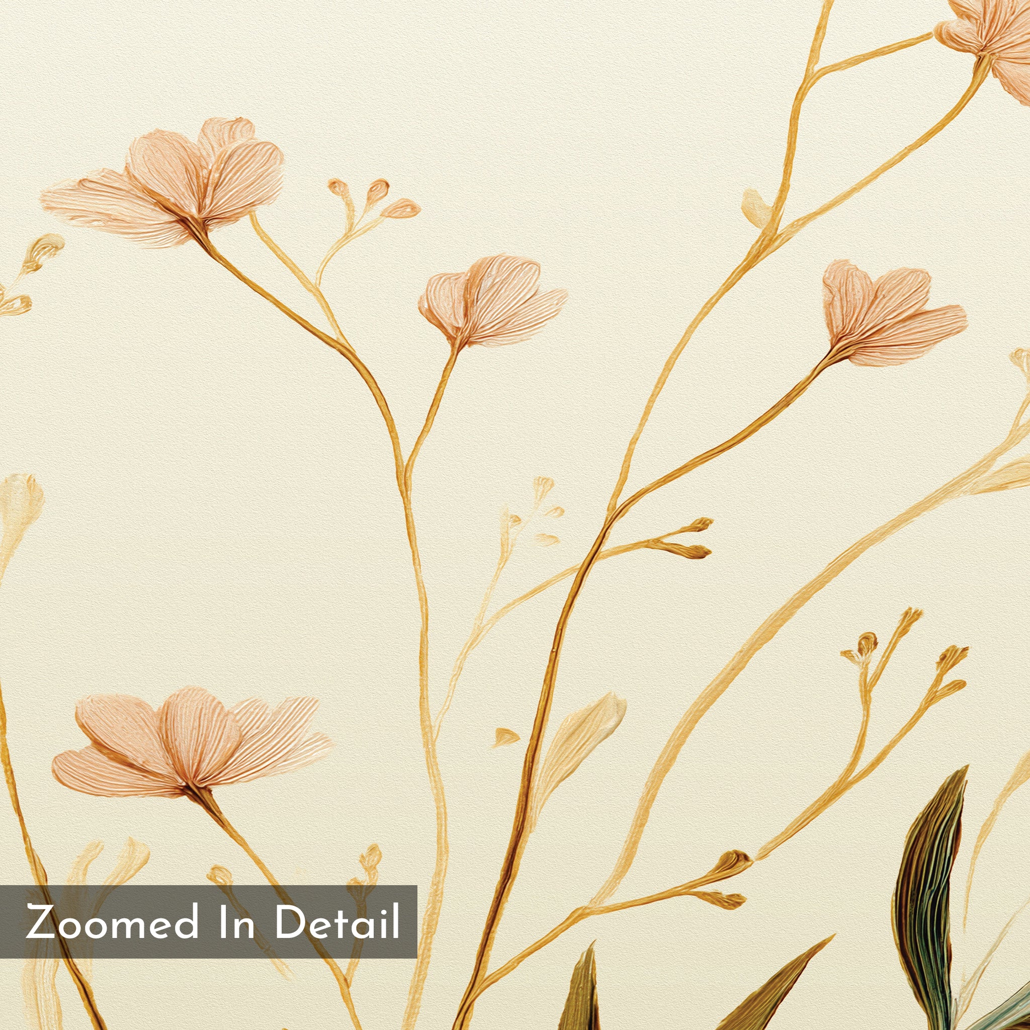 The Autumn Botanicals Canvas Art - Horizontal features hand-drawn tan and brown wildflowers with long stems on a light beige background. "Zoomed In Detail" appears in the bottom left, making it perfect autumn wall decor.