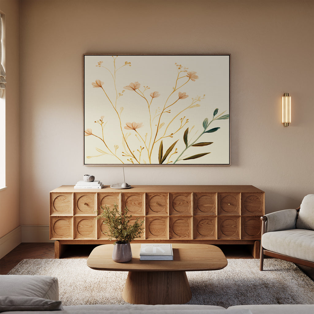 A minimal living room features a beige sofa, wooden coffee table, and geometric wooden sideboard. Above the sideboard hangs the Autumn Botanicals Canvas Art - Horizontal, with a flower vase and warm lighting adding a cozy touch.