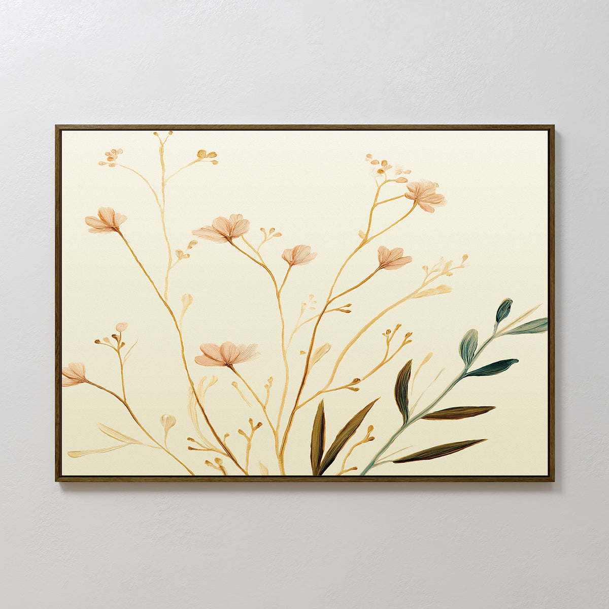 The Autumn Botanicals Canvas Art - Horizontal features delicate beige and gold flowers with slender stems on a light background, adding Nordic Park elegance and autumn charm to any plain white wall.