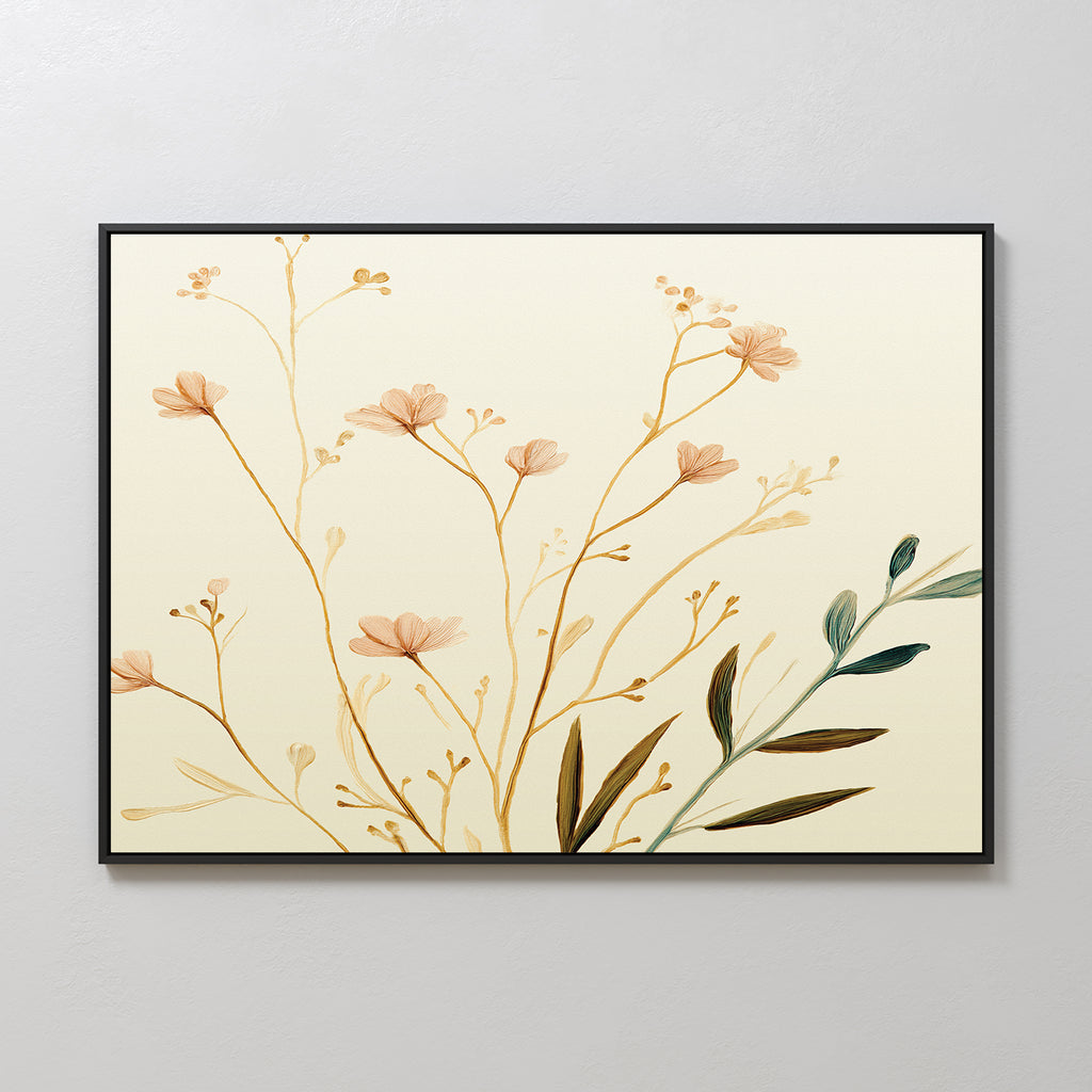 The Autumn Botanicals Canvas Art - Horizontal features delicate beige flowers and green leaves on a light background, adding an elegant autumn touch to any light-colored wall.