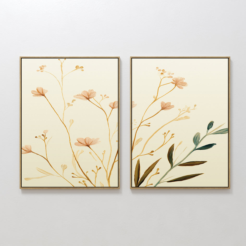 The Autumn Botanicals - Set of 2 features framed prints with minimalist beige flowers and green leaves, adding botanical elegance to a light wall with their delicate, neutral-toned illustrations.