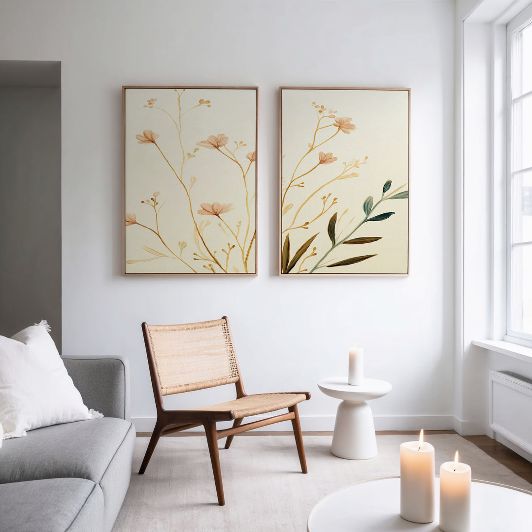 A modern, minimal living room features a light gray sofa, wicker chair, round white side table, and three lit candles. Above the chair hangs the "Autumn Botanicals - Set of 2" canvas prints in elegant beige tones. Natural light pours in from a large window.