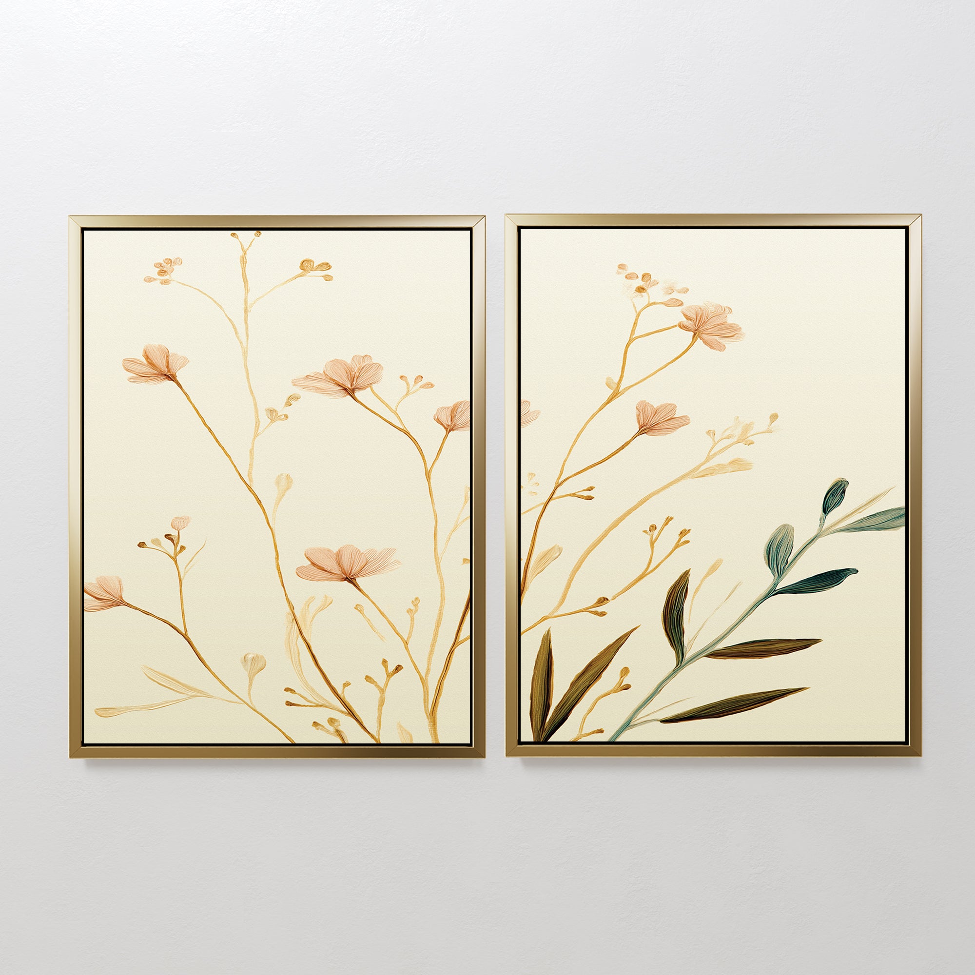 The Autumn Botanicals - Set of 2 features framed prints with minimalist beige and green floral illustrations on a light background, arranged side by side against a plain white wall for an elegant look.