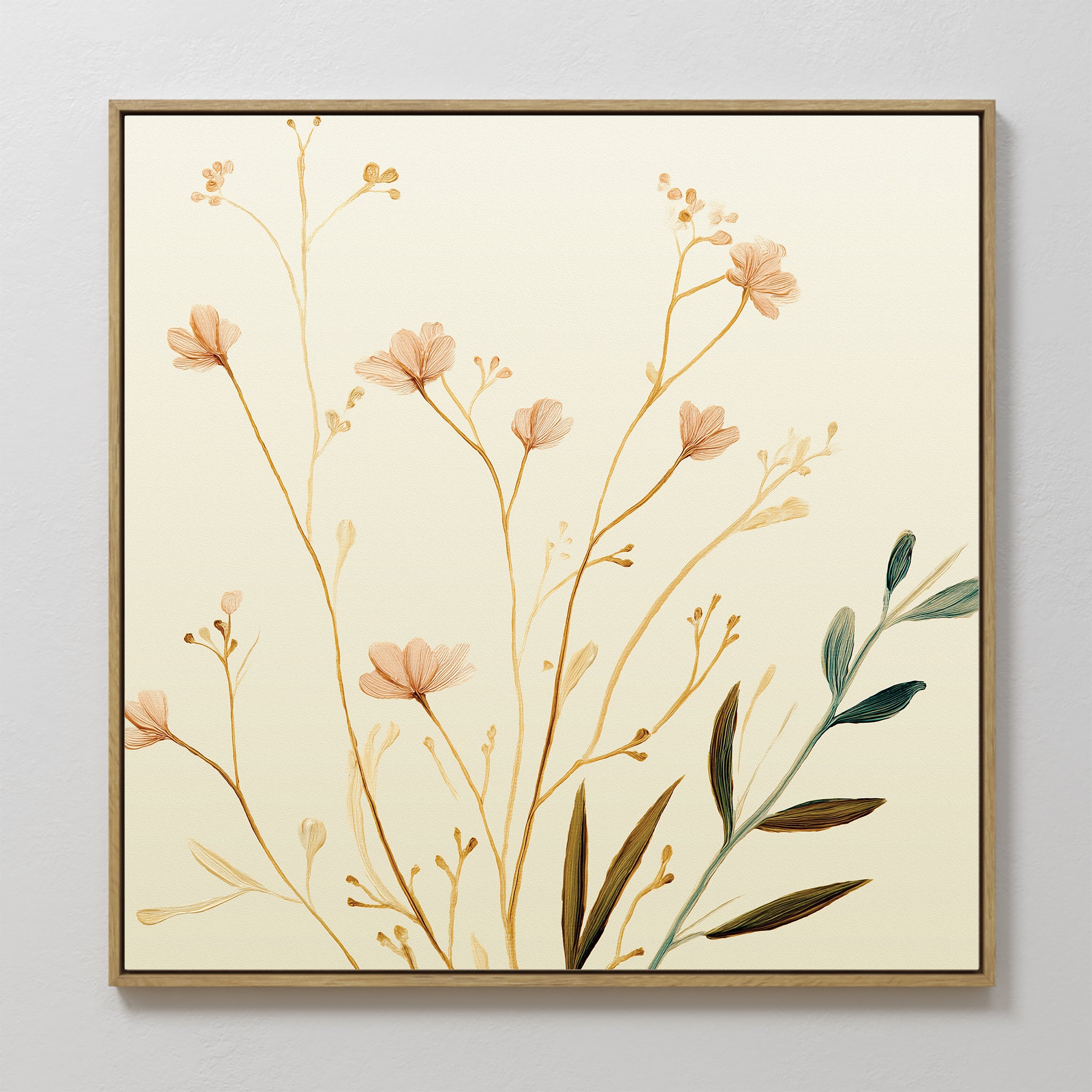 Autumn Botanicals Canvas Art - Square features delicate light brown and green wildflowers with thin stems on a cream background, offering a minimalist and elegant autumn-inspired wall art design.