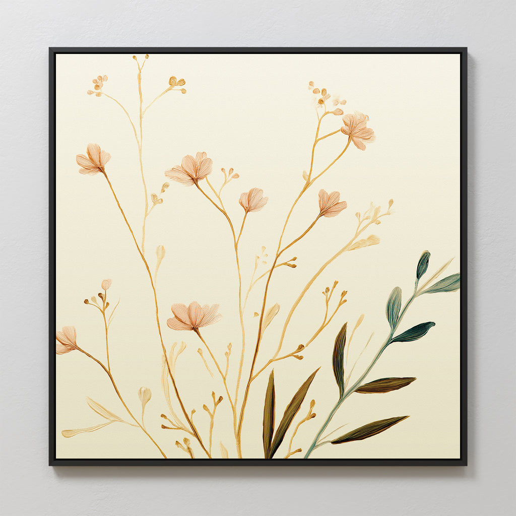 The Autumn Botanicals Canvas Art - Square features delicate brown and green wildflowers on a cream background, adding Nordic Park charm to your space when displayed on a light gray wall.