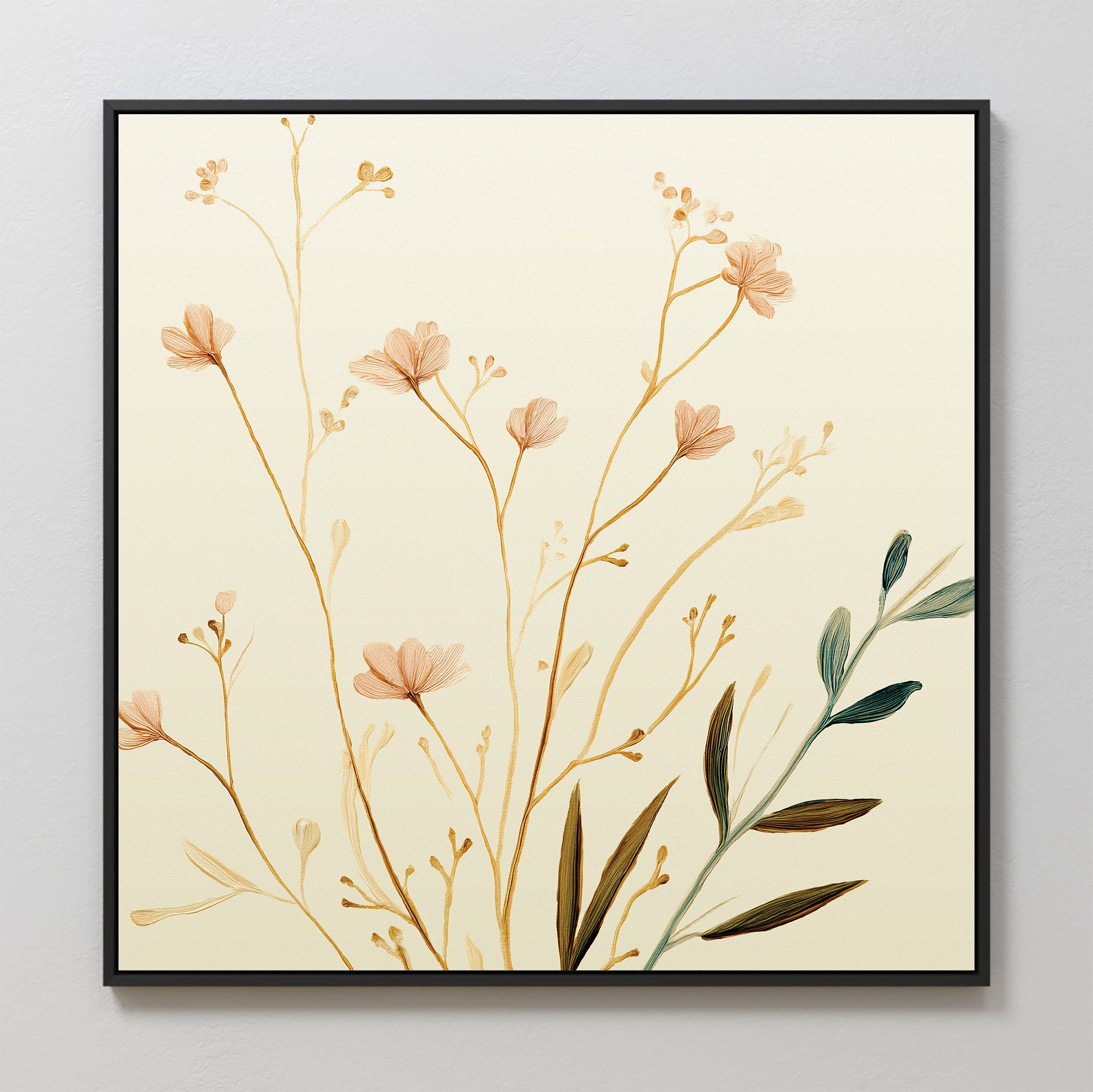 The Autumn Botanicals Canvas Art - Square features delicate brown and green wildflowers on a cream background, adding Nordic Park charm to your space when displayed on a light gray wall.