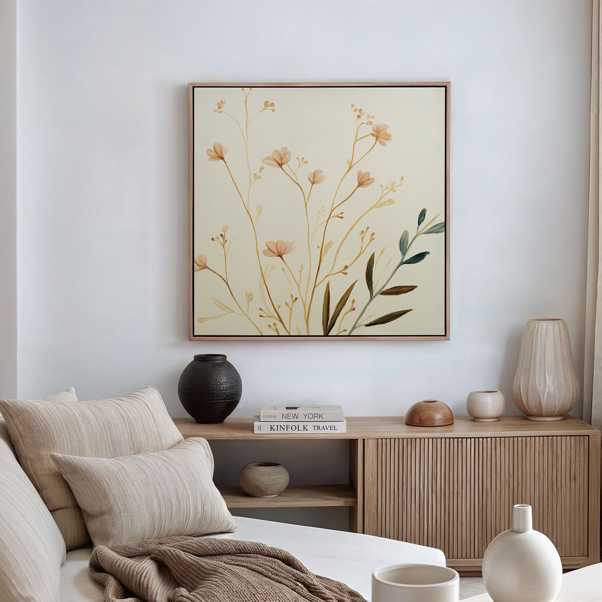 A modern living room with a beige couch, neutral pillows, and a wooden sideboard. The wall features the Autumn Botanicals Canvas Art - Square with yellow and green accents. Decorative vases and books are arranged on the sideboard.