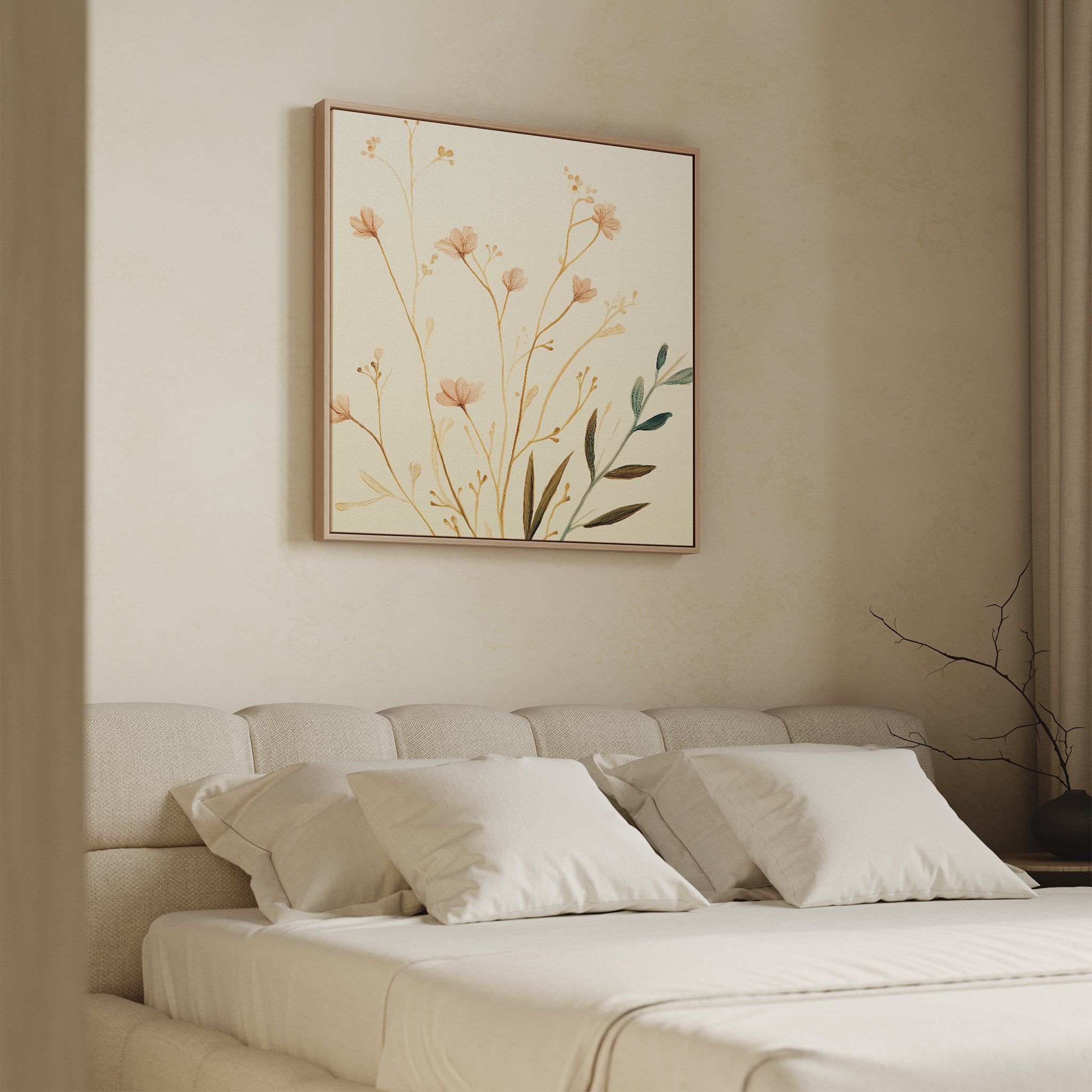 A beige bedroom features a cushioned headboard, neatly arranged pillows, and the Autumn Botanicals Canvas Art - Square with soft, neutral-toned flowers above the bed. A small branch in a vase rests on the bedside table.