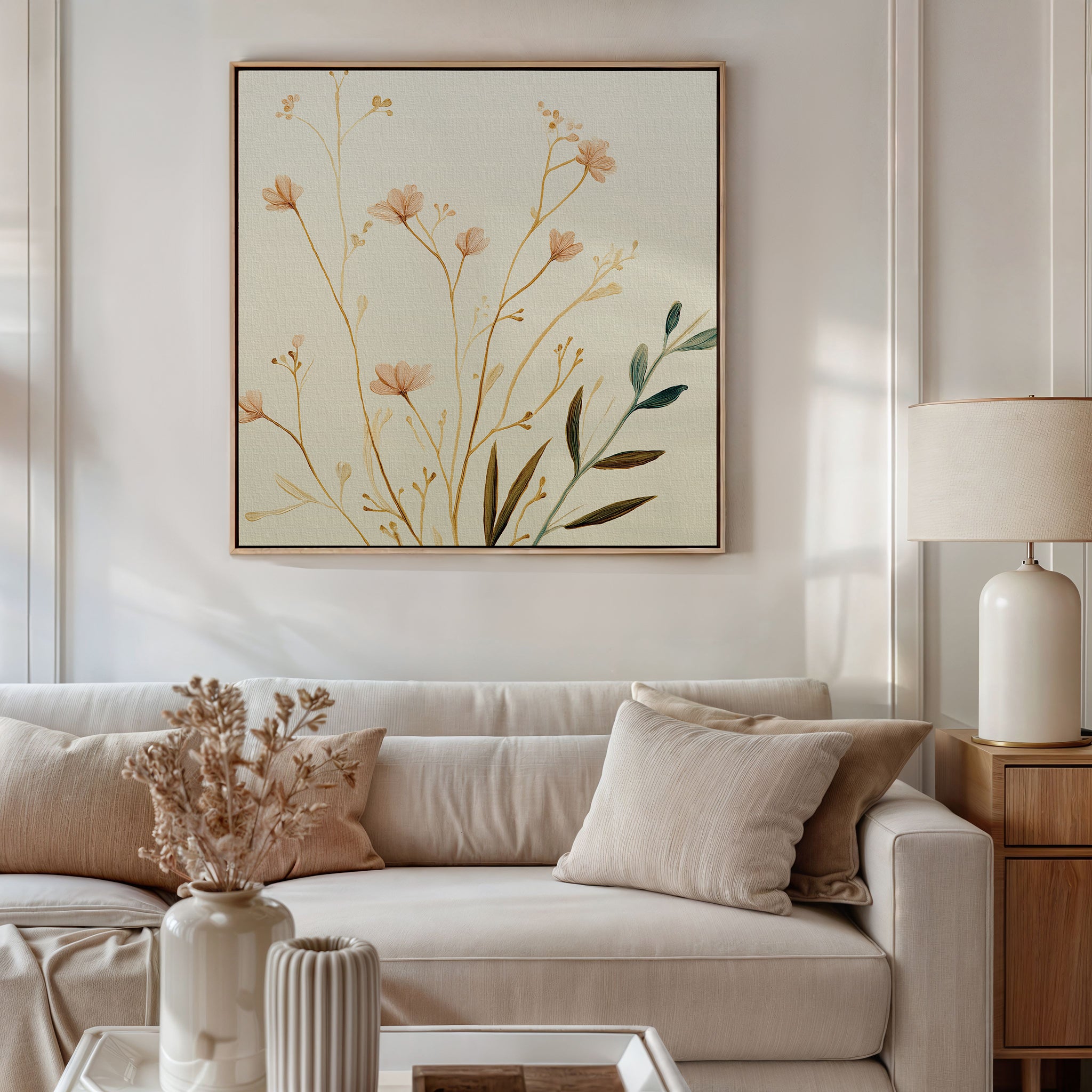 A neutral-toned living room features a beige sofa, cream pillows, a lamp on a wooden side table, and a vase of dried flowers. Above the sofa hangs the Autumn Botanicals Canvas Art - Square, bringing Nordic Park charm to the space.