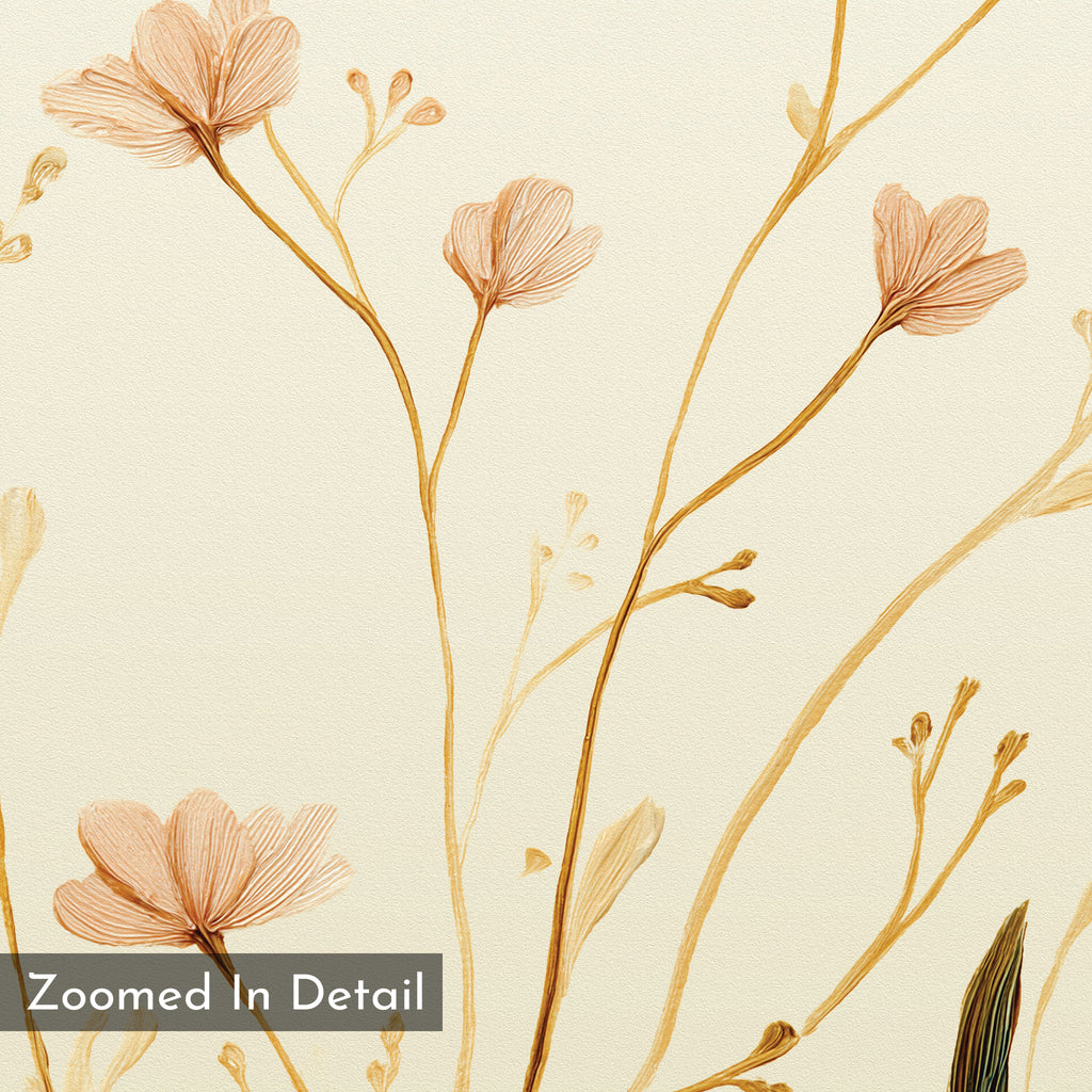 The Autumn Botanicals Canvas Art - Square features delicate, hand-drawn wildflowers in fine brown and gold on a light cream background. The zoomed-in image highlights detail, with a “Zoomed In Detail” label in the lower-left corner.
