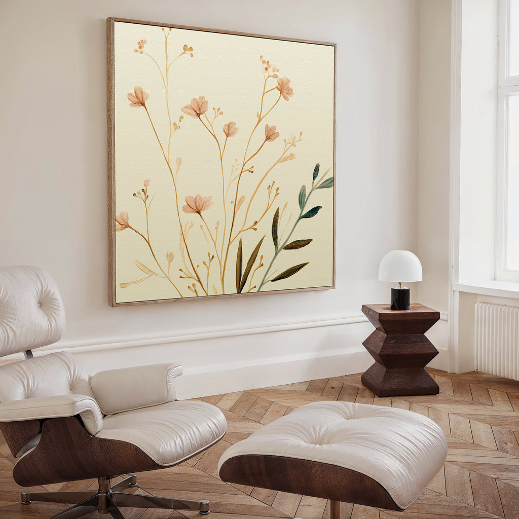 A modern living room featuring a white leather lounge chair and ottoman, a dark wood side table with lamp, and the Autumn Botanicals Canvas Art - Square brings Nordic Park-inspired charm with delicate floral accents.