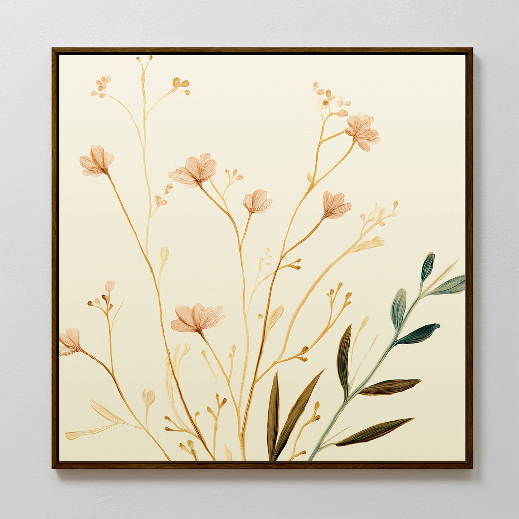 The Autumn Botanicals Canvas Art - Square features hand-painted wildflowers and leaves in beige, brown, and green on a cream background, adding subtle autumn elegance to any white wall.