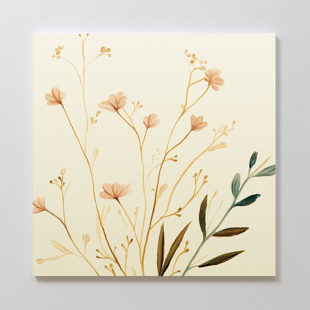 The Autumn Botanicals Canvas Art - Square features delicate hand-painted flowers and leaves in soft green, beige, and brown on a light cream background, ideal for adding Nordic Park-inspired autumn style to your wall decor.