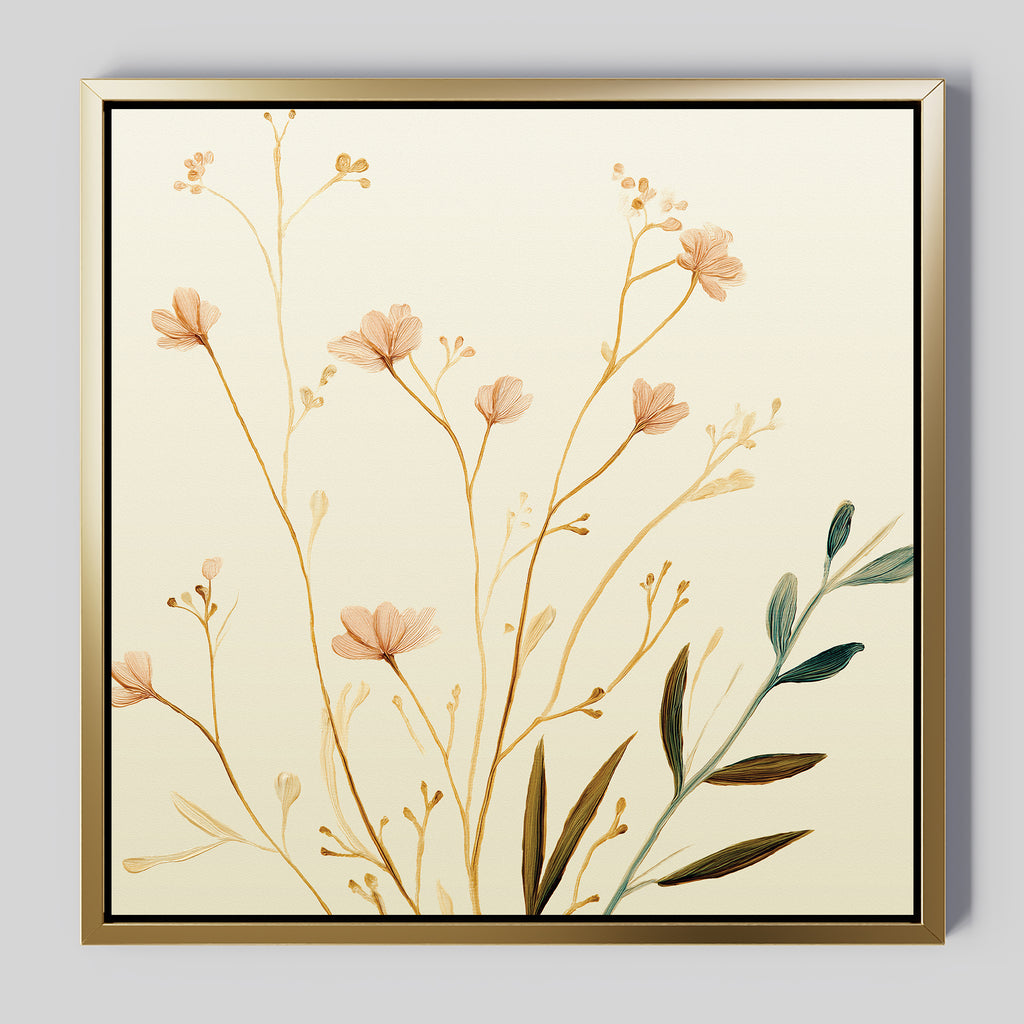 The Autumn Botanicals Canvas Art - Square features minimalist light brown and green leaves and flowers on a beige background, making it the perfect Nordic Park-inspired autumn wall art.
