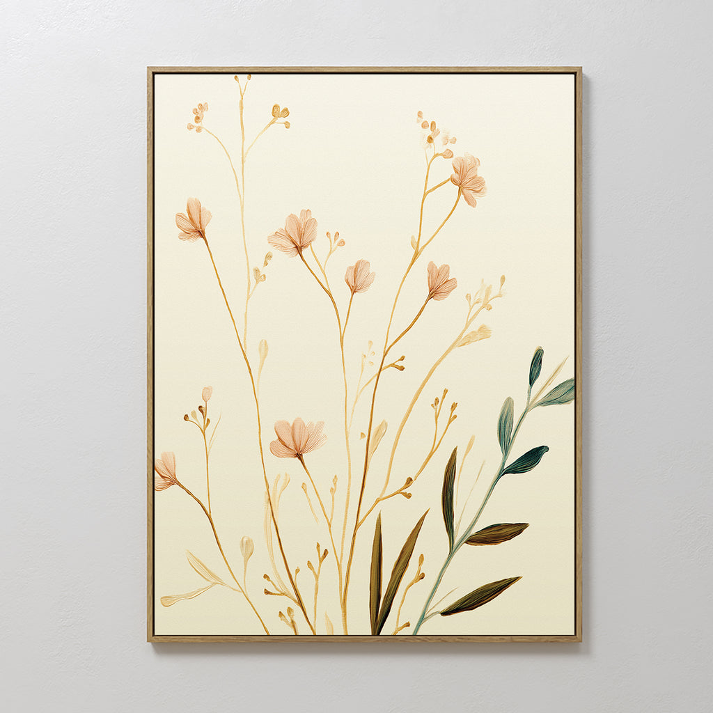 The Autumn Botanicals Canvas Art - Vertical showcases delicate, minimalistic beige and light brown wildflowers with green leaves on an off-white background, capturing botanical elegance in a modern framed wall art print.