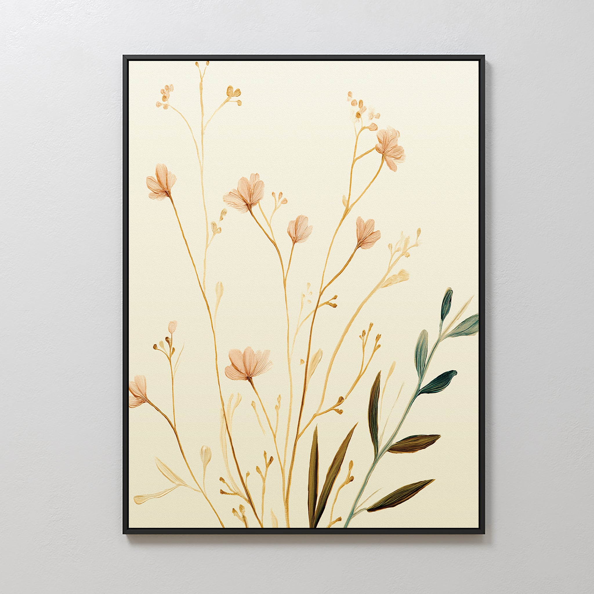 The Autumn Botanicals Canvas Art - Vertical features delicate light brown and green wildflowers on slender stems against a cream background, adding botanical elegance and a touch of autumn to any plain, light-colored wall.