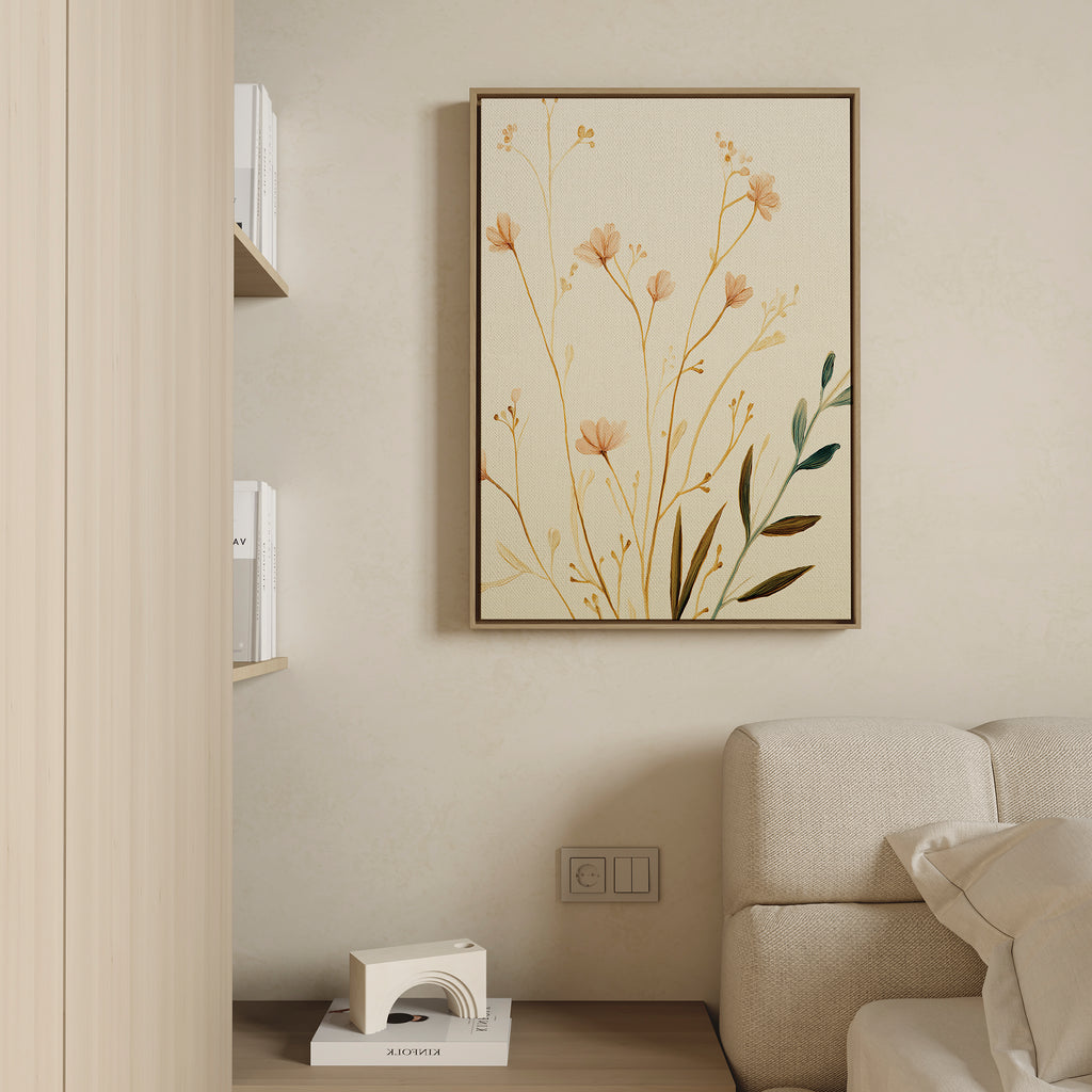 A minimalist living room features a beige sofa, a shelf with books and a small white geometric decor piece, and the Autumn Botanicals Canvas Art - Vertical, showcasing delicate light brown and green on a cream wall.