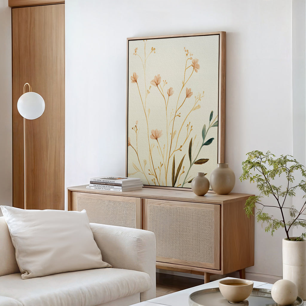 A modern, minimalist living room features light wood furniture, a white sofa with a beige pillow, vases, a potted plant, and the Autumn Botanicals Canvas Art - Vertical in soft neutral tones above a wooden sideboard.