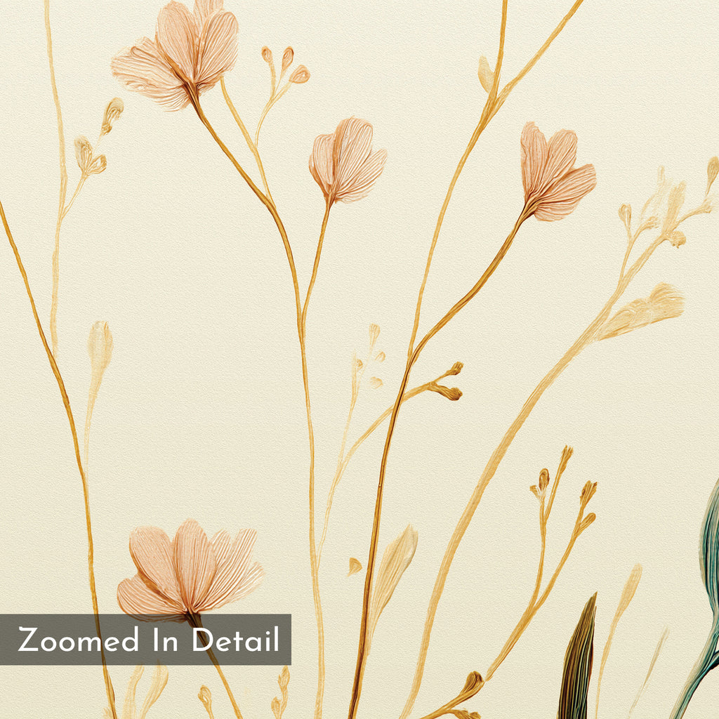 Close-up of Autumn Botanicals Canvas Art - Vertical shows delicate, hand-drawn flowers and slender stems in soft beige and brown, capturing botanical elegance with a corner label reading "Zoomed In Detail.