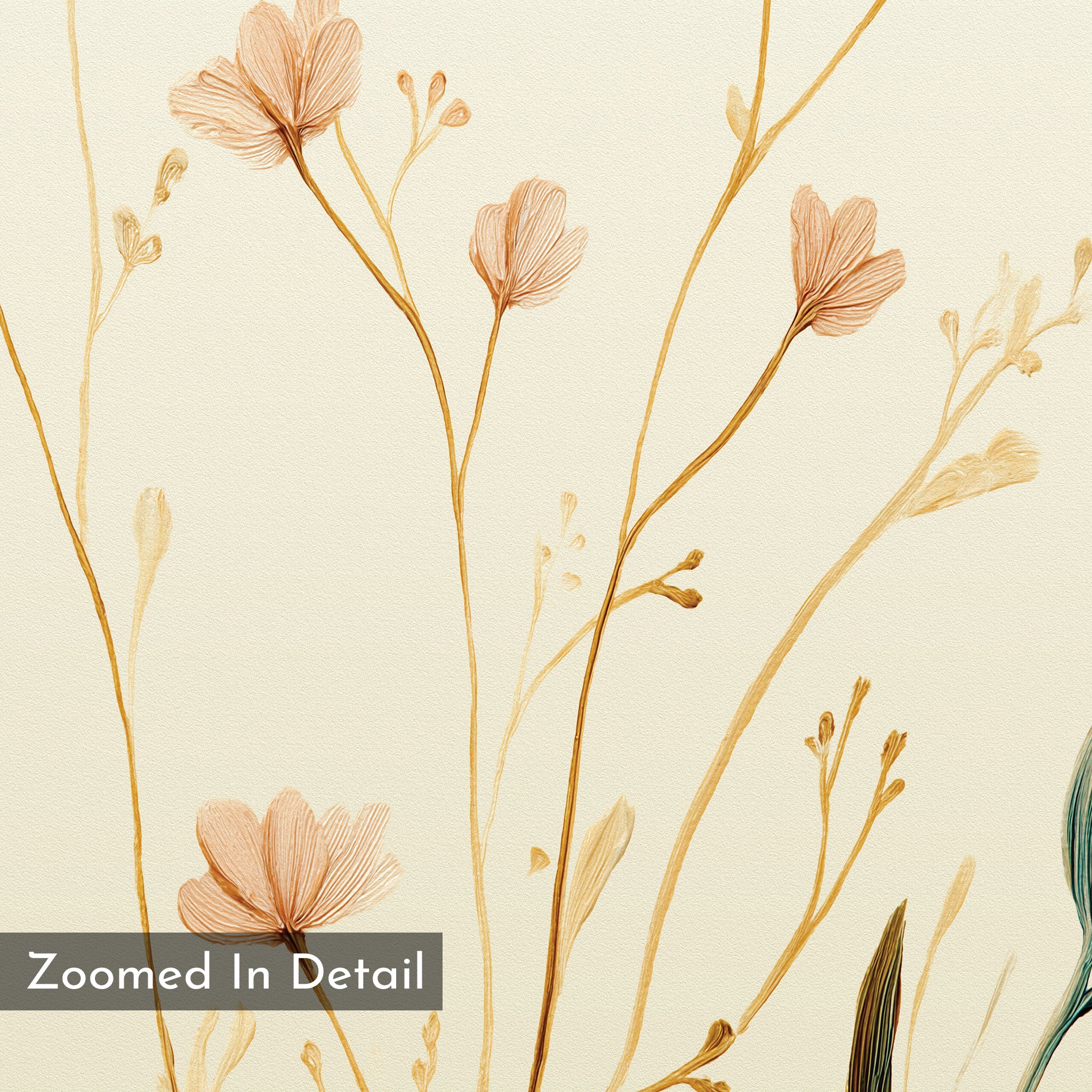 Close-up of Autumn Botanicals Canvas Art - Vertical shows delicate, hand-drawn flowers and slender stems in soft beige and brown, capturing botanical elegance with a corner label reading "Zoomed In Detail.