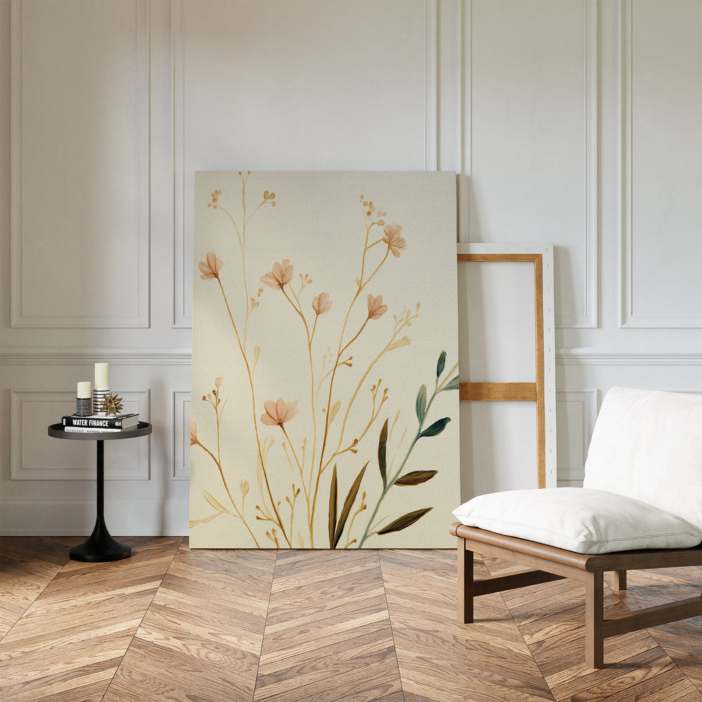 A minimalist room with herringbone floors features a white cushioned chair, a small round black table with candles and books, and the Autumn Botanicals Canvas Art - Vertical leaning against a white paneled wall.