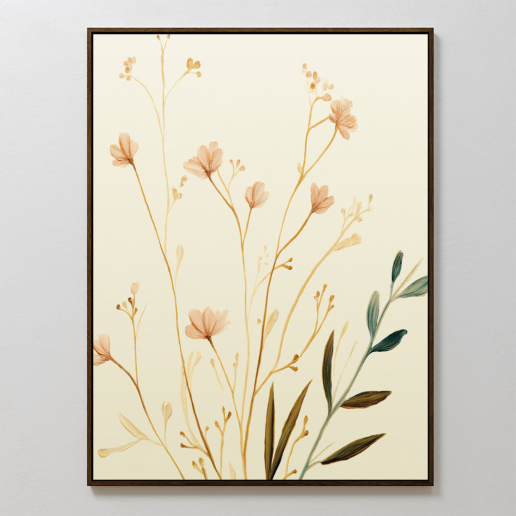 The Autumn Botanicals Canvas Art - Vertical features delicate beige and brown autumn botanicals on a light cream background, exuding botanical elegance with minimal details and soft, natural tones.