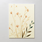The Autumn Botanicals Canvas Art - Vertical features delicate light brown and beige wildflowers with green leaves on off-white canvas, capturing botanical elegance against a plain light gray wall.
