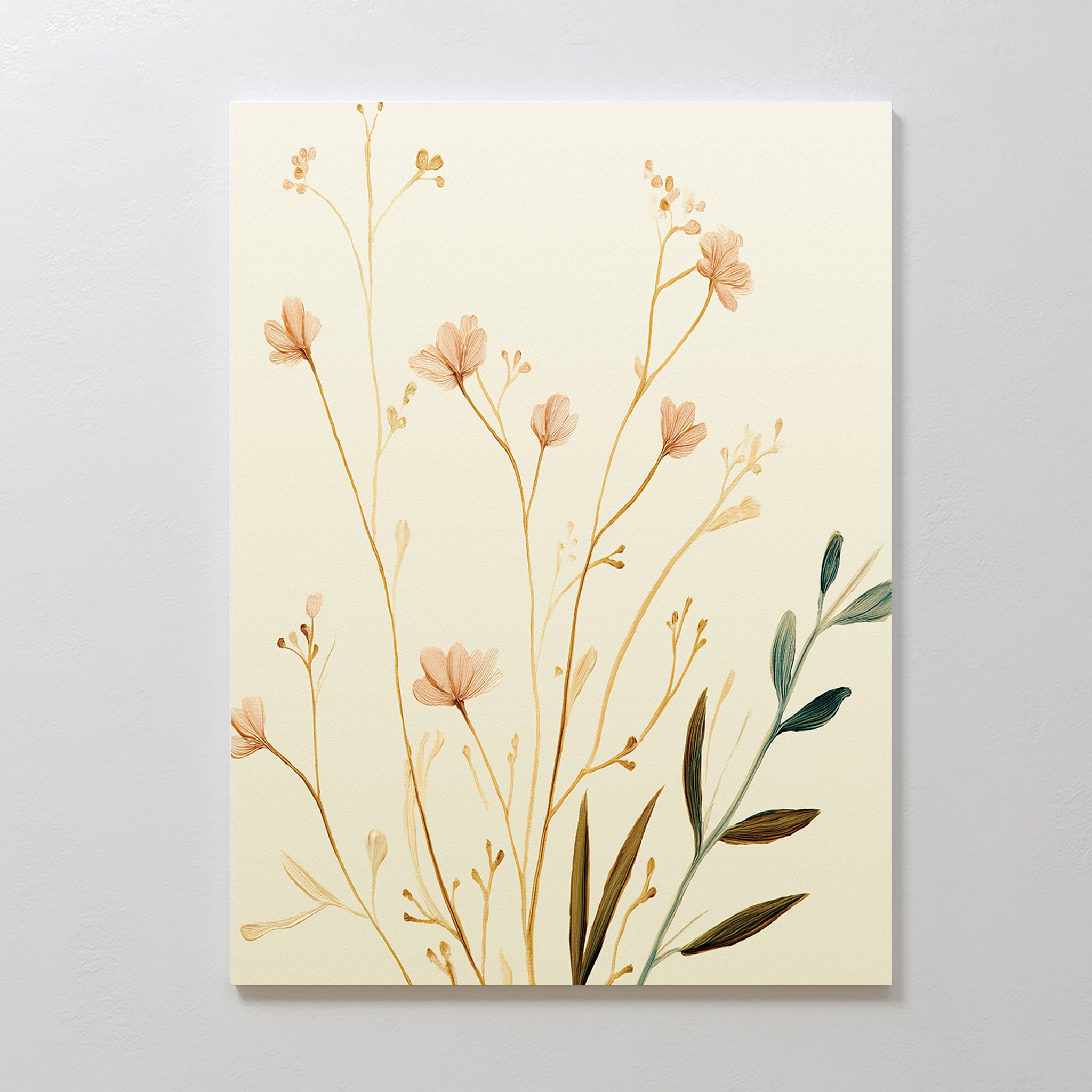 The Autumn Botanicals Canvas Art - Vertical features delicate light brown and beige wildflowers with green leaves on off-white canvas, capturing botanical elegance against a plain light gray wall.