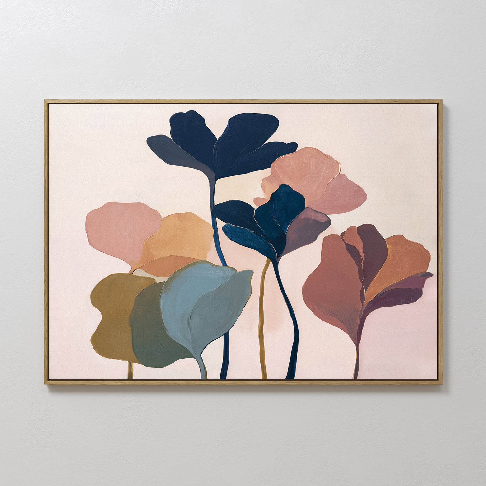 The Autumn Garden Canvas Art - Horizontal features abstract, colorful leaves and flowers in blue, pink, green, and brown on a light background—perfect for adding modern botanical style to a plain white wall.