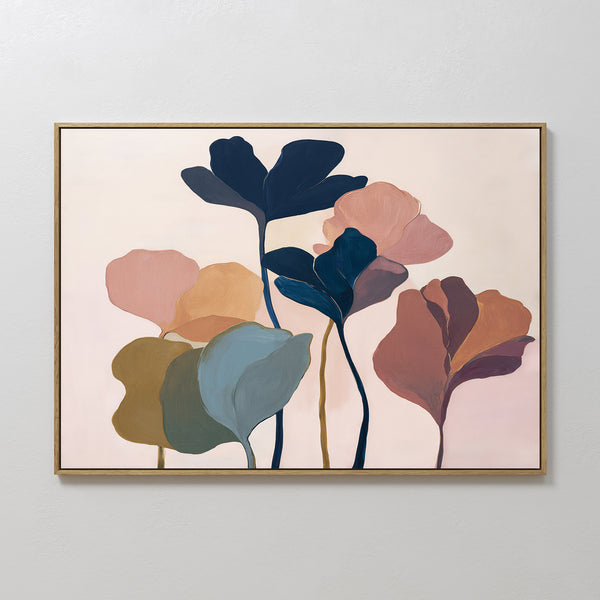 The Autumn Garden Canvas Art - Horizontal features abstract, colorful leaves and flowers in blue, pink, green, and brown on a light background—perfect for adding modern botanical style to a plain white wall.