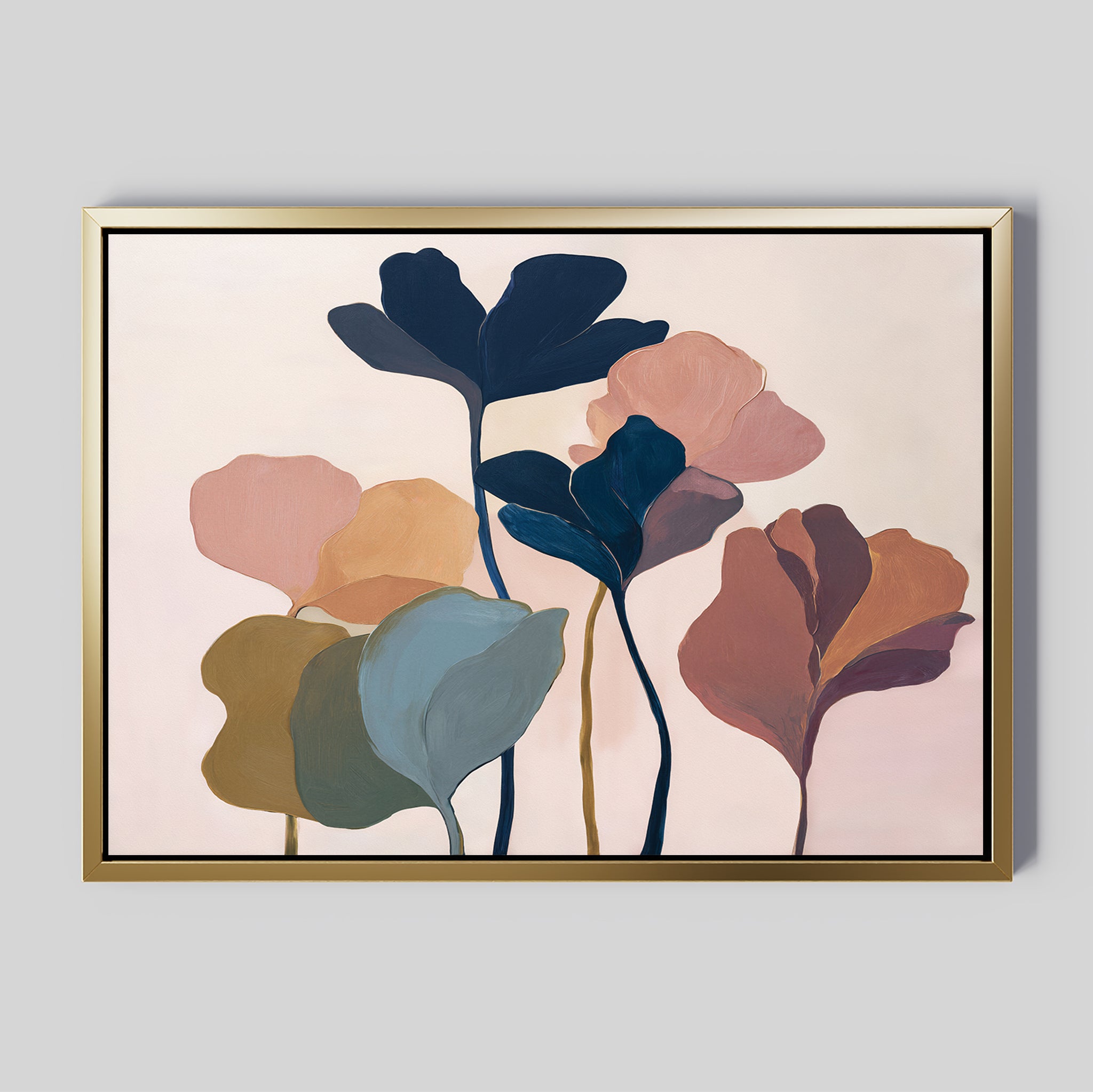 The Autumn Garden Canvas Art - Horizontal features stylized leaves in muted pink, blue, green, and brown on a beige background. This framed wall art brings minimalist, contemporary flair with its flowing shapes and botanical design.