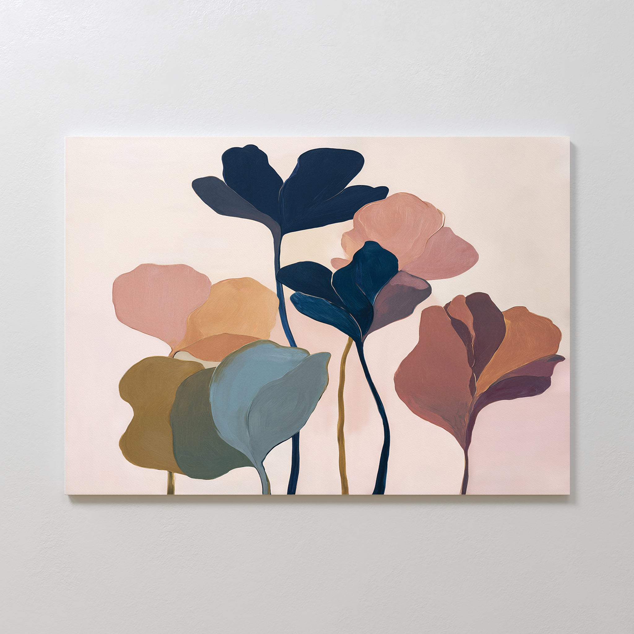 The Autumn Garden Canvas Art - Horizontal features minimalist, abstract leaves in soft blue, green, pink, and brown tones on a light background, creating calm and modern wall décor inspired by an autumn garden.