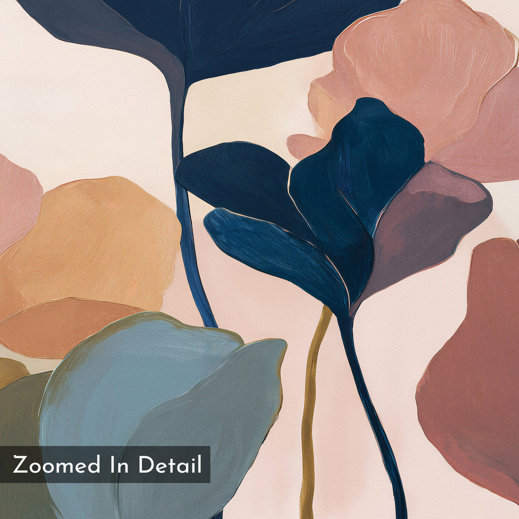 Autumn Garden Canvas Art - Horizontal: Abstract painting of overlapping leaves in muted blue, pink, peach, and tan on a light background. Features “Zoomed In Detail” text in a gray box at the bottom left.