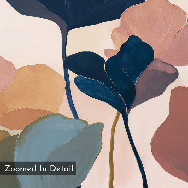 Autumn Garden Canvas Art - Horizontal: Abstract painting of overlapping leaves in muted blue, pink, peach, and tan on a light background. Features “Zoomed In Detail” text in a gray box at the bottom left.