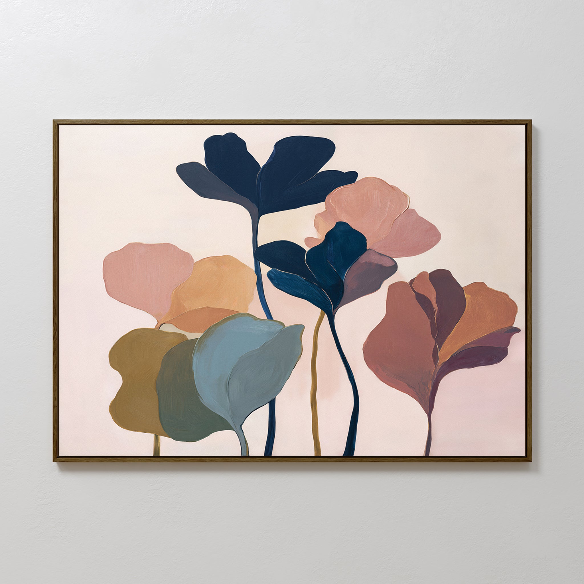 The Autumn Garden Canvas Art - Horizontal features abstract overlapping leaves in muted blue, pink, green, and brown tones on a pale background—perfect for adding modern elegance to any light-colored wall.