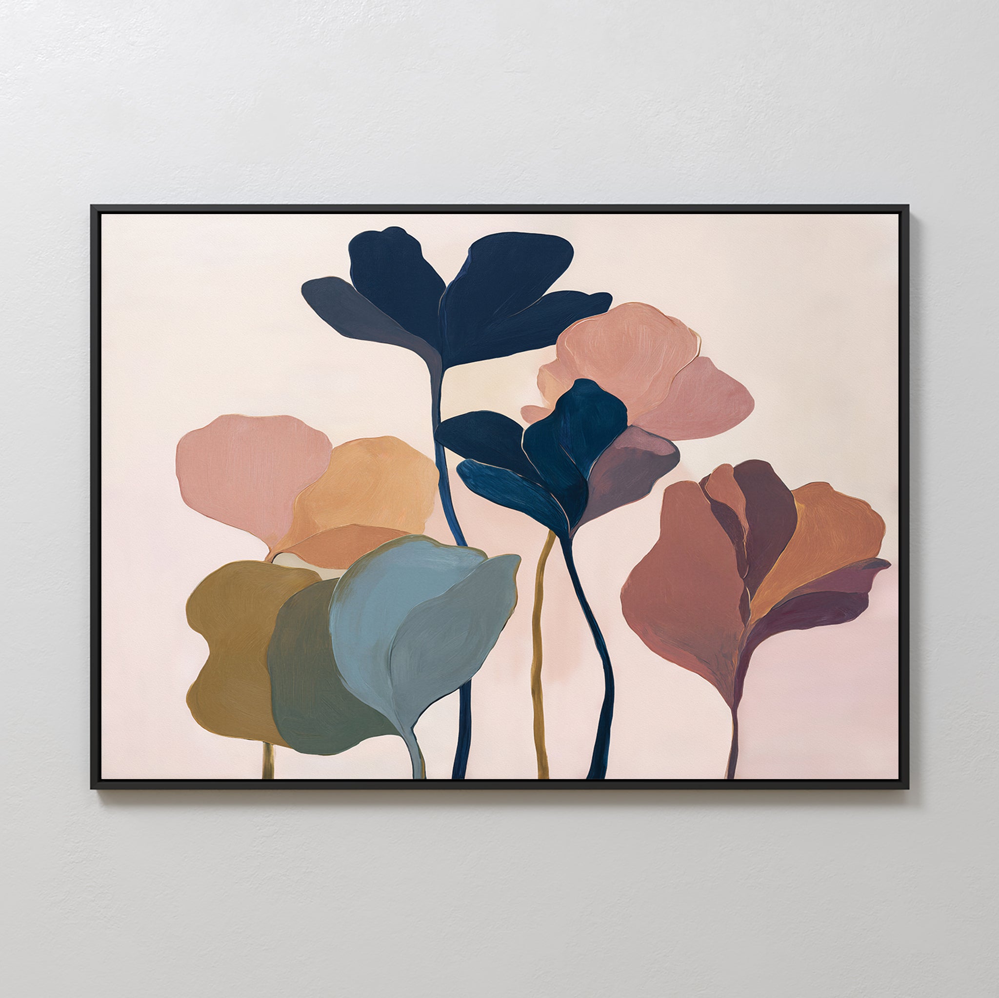 The Autumn Garden Canvas Art - Horizontal features abstract flowers with overlapping petals in muted blue, pink, green, and brown on a light beige background. Framed in black, this minimalist piece brings an elegant autumn garden vibe to any space.