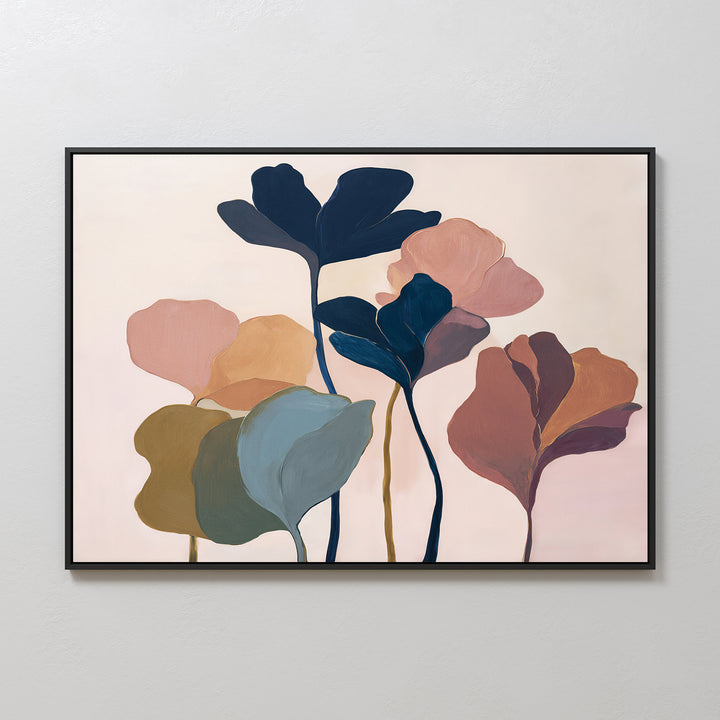 The Autumn Garden Canvas Art - Horizontal features abstract flowers with overlapping petals in muted blue, pink, green, and brown on a light beige background. Framed in black, this minimalist piece brings an elegant autumn garden vibe to any space.