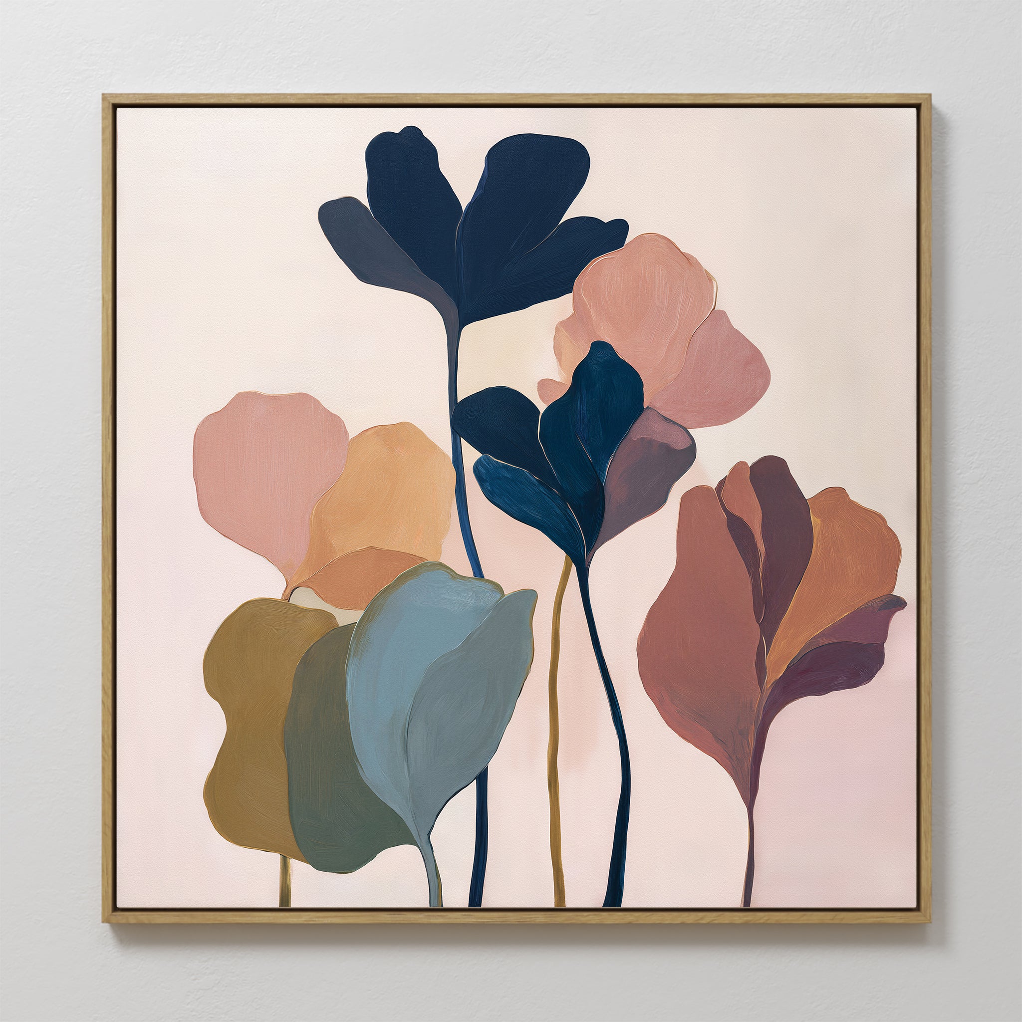 The Autumn Garden Canvas Art - Square features abstract leaves in blue, pink, orange, and green on a beige background, adding a fresh look to modern living rooms when displayed on a white wall.