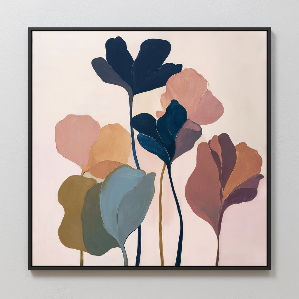 The Autumn Garden Canvas Art - Square features abstract leaves in subtle pastels and dark hues on slender stems, set against a light backdrop with a slim black border—ideal botanical wall art for modern living room decor.