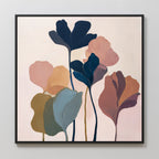 The Autumn Garden Canvas Art - Square features abstract leaves in subtle pastels and dark hues on slender stems, set against a light backdrop with a slim black border—ideal botanical wall art for modern living room decor.