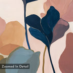 Abstract painting with overlapping leaves in blue, peach, tan, and gray tones. Textured brushstrokes add depth. Ideal botanical wall art or modern decor for living rooms. Autumn Garden Canvas Art - Square; label at bottom left says "Zoomed In Detail.